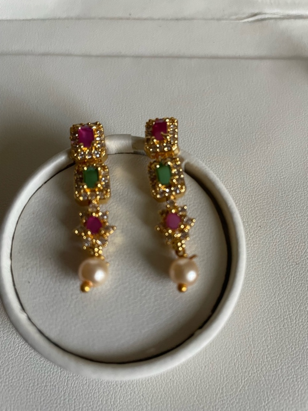 Gold-Tone Pink & Green Stone Drop Earrings with Pearl Accent